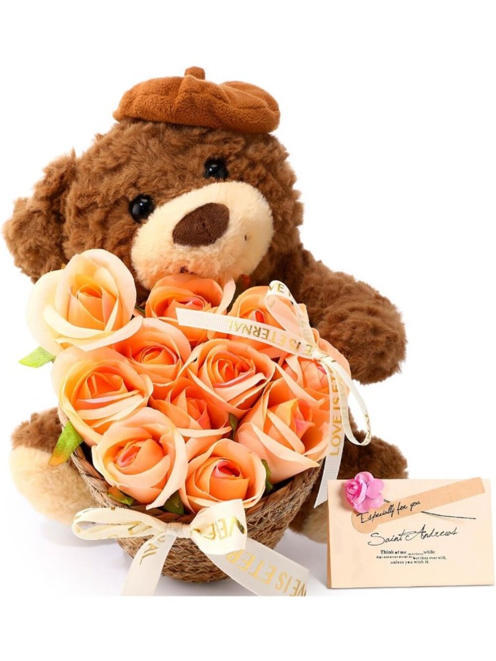 12-Inch Cute Plush Bear Gift with Flower Bouquet & Greeting Card - Romantic for